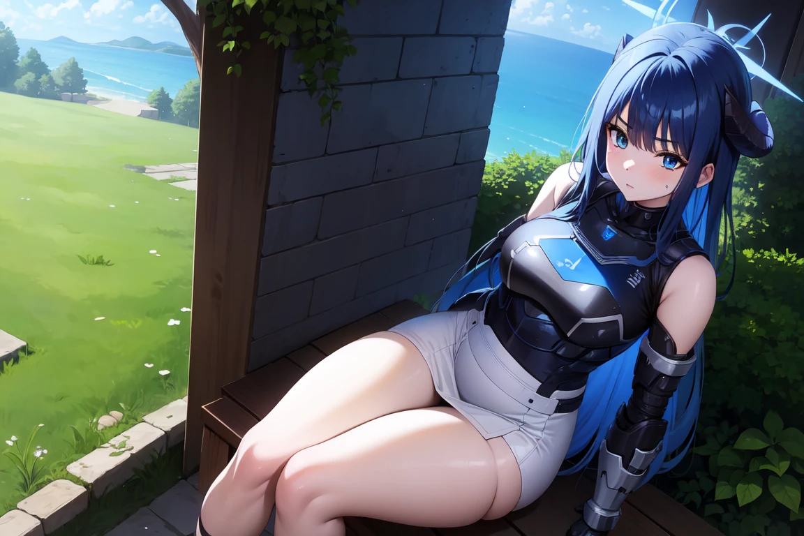 1girl,solo, saorijoumae, saori joumae, blue eyes, blue hair, halo, long hair, sitting, looking at viewer, adventurer clothes, light armor, horns, outdoors