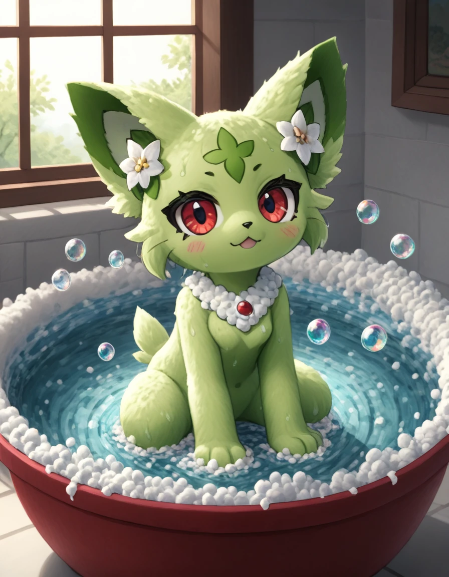 score_9_up, score_8_up, score_7_up, source_anime, (masterpiece, perfectly detailed, detailed face, detailed eyes, beautiful eyes), PokeMaster_PS, pikachu_pokemon, sprigatito_pokemon, no humans, pokemon (creature), red eyes, bubble, soap bubbles, wet, :<, cat, water drop, closed mouth, tiles, indoors, solo