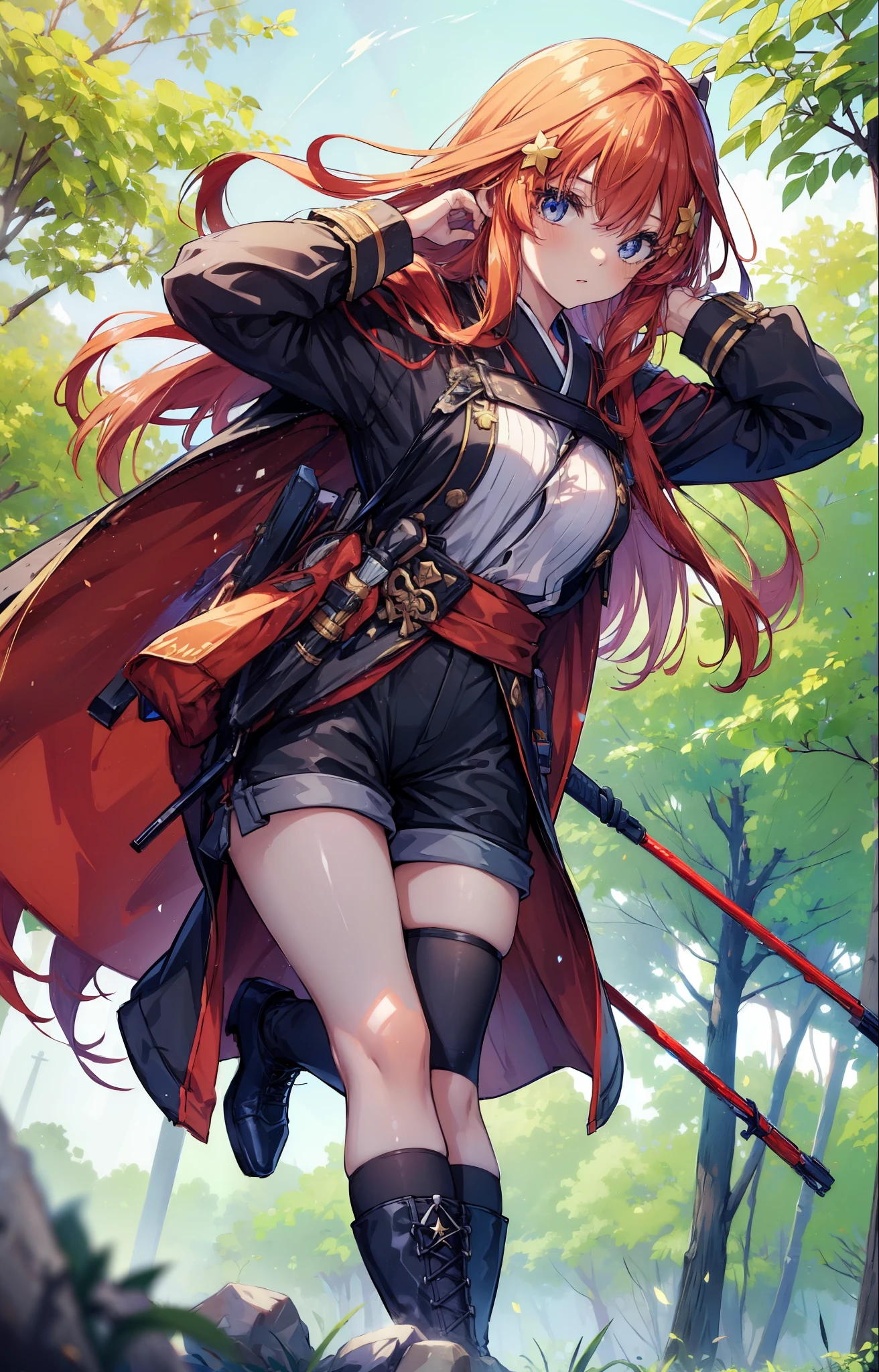 itsukinakano, itsuki nakano, bangs, blue eyes, Hair between the eyes, Redhead, star \(symbol\), hair ornaments, star hair ornaments,Long Hair,Owns an archery grip in the right hand,Carrying an archery bag,He has a quiver on one side, boots, Cape,gloves, red Knee socks, High heels, Shorts, Knee socks,whole bodyがイラストの中に入っていくように,歩いている
break outdoors, forest,forest林, break looking at viewer,whole body, 
break (masterpiece:1.2), Highest quality, High resolution, unity 8k wallpaper, (shape:0.8), (Fine and beautiful eyes:1.6), Highly detailed face, Perfect lighting, Highly detailed CG, (Perfect hands, Perfect Anatomy),