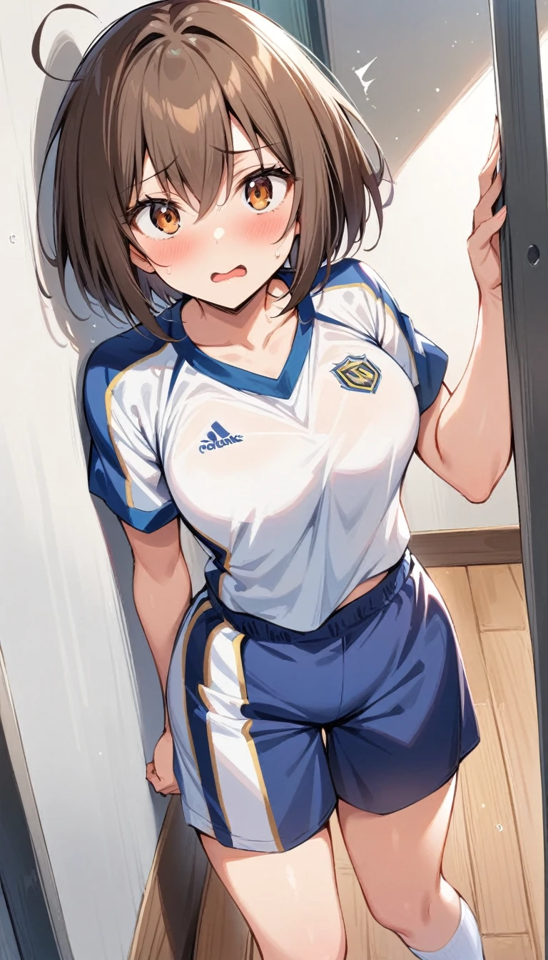 (Masterpiece, Best Quality:1.2), 1 girl, Alone,standing_to divide, Mikan Yuuki, Brown eyes, Brown hair, short hair, surprised face, hair ornament,wide, sports uniform, School

