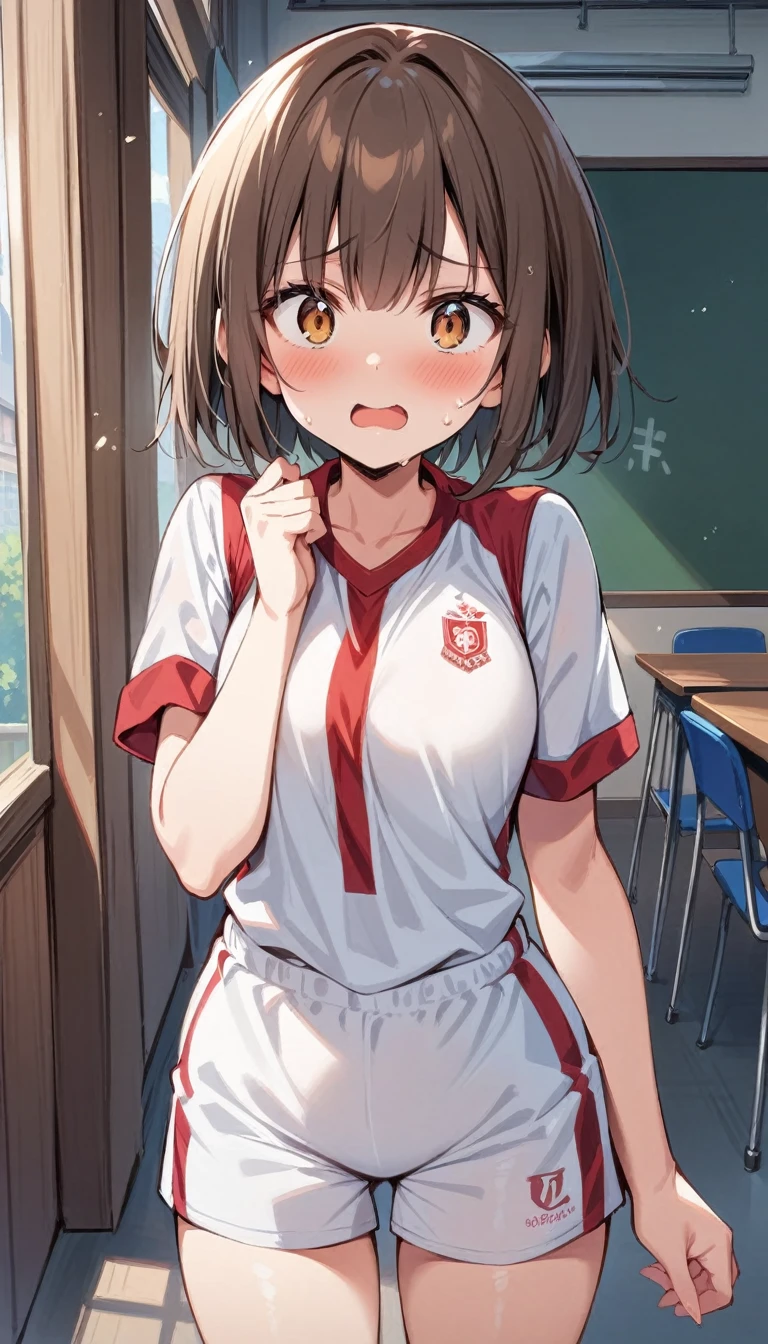 (Masterpiece, Best Quality:1.2), 1 girl, Alone,standing_to divide, Mikan Yuuki, Brown eyes, Brown hair, short hair, surprised face, hair ornament,wide, sports uniform, School