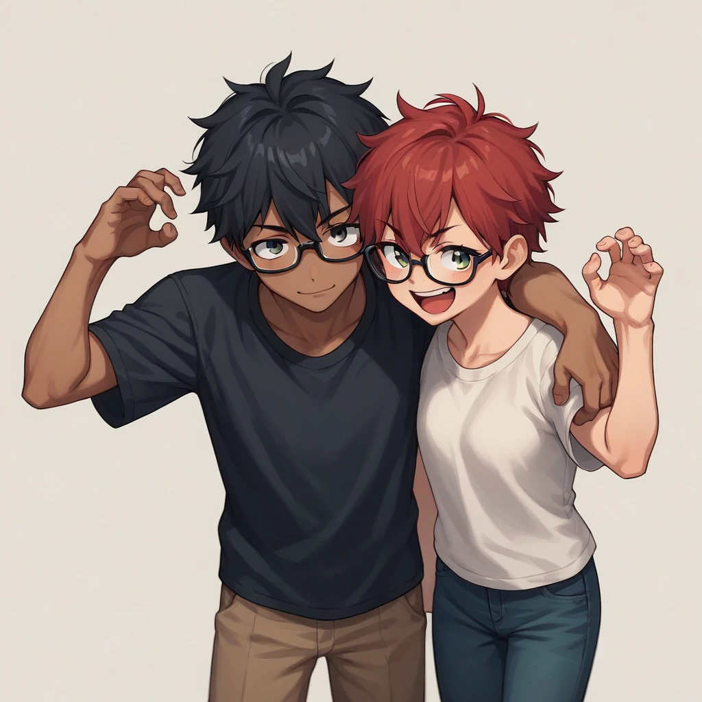 score_9, score_8_up, score_7_up, score_6_up, score_5_up, score_4_up, BREAK source_anime, 1girl, clothed, Red hair above the shoulder, glasses, friends pose, 1boy, Boy with dark skin, black hair, Silly face,wearing casual clothes, chibi version