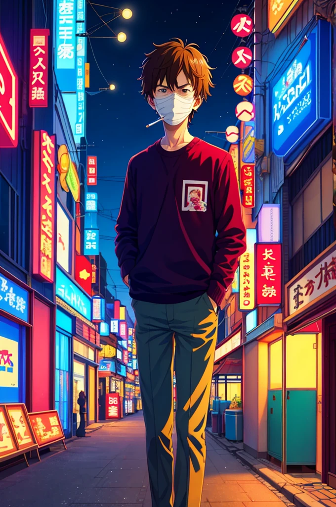 masterpiece, Highest quality, One boy,Smoking a cigarette、４ｋ、 City Pop, Akira, Kyoto Animation, night, Neon Light, View your viewers, Worried look, Vector illustration, Masked, 80&#39;s clothing, short hair, 80&#39;s, Synthwave, Abstract background with shapes, manga panel, 80&#39;s anime, Retroポスター、Retro