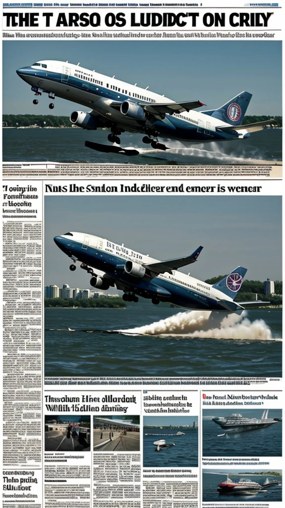 A newspaper highlighting key moments: ‘Miracle on the Hudson,’ ‘Heroic Landing,’ ‘All 155 Survived,’ ‘Captain Sully’s Bravery lands flight safety