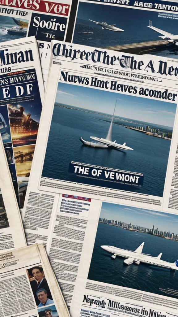 A newspaper highlighting key moments: ‘Miracle on the Hudson,’ ‘Heroic Landing,’ ‘All 155 Survived,’ ‘Captain Sully’s Bravery lands flight safety 