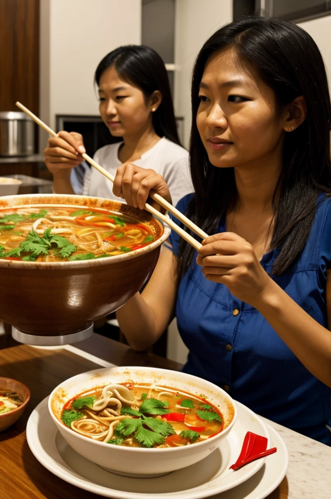 People eating tom yum noodles