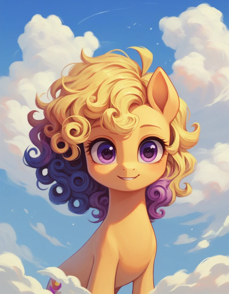 lindoEstilo,revuelto, 1 chica pony, solo, violet eyes, pelo del color del arcoiris, clouds, pelo largo, arco,
,<lora:lindo_Estilo_poni:0.8
The pony is standing extending her arms forward, she is on her side in an epic pose