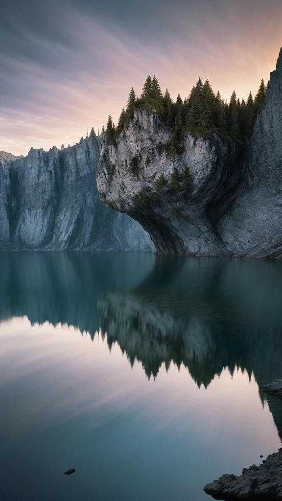 A photography that captures the essence of a magical dream - like world. An epic and legendary cliff that overhangs a beautiful lake, with surreal and vibrant colors illuminating its reflection. The atmosphere is otherworldly, with soft evening light casting ethereal shadows. The image creates a sense of depth and mystery, as if the viewer is being transported to another dimension, creating a beautiful and haunting composition. Shot with a Canon EosIII Zeiss 120mm wide