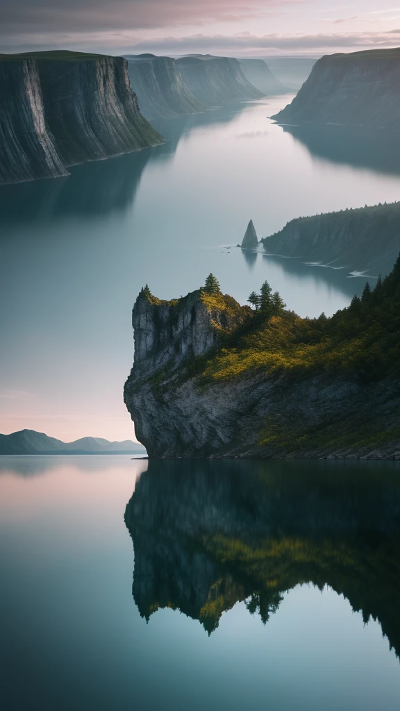 A photography that captures the essence of a magical dream - like world. An epic and legendary cliff that overhangs a beautiful lake, with surreal and vibrant colors illuminating its reflection. The atmosphere is otherworldly, with soft evening light casting ethereal shadows. The image creates a sense of depth and mystery, as if the viewer is being transported to another dimension, creating a beautiful and haunting composition. Shot with a Canon EosIII Zeiss 120mm wide