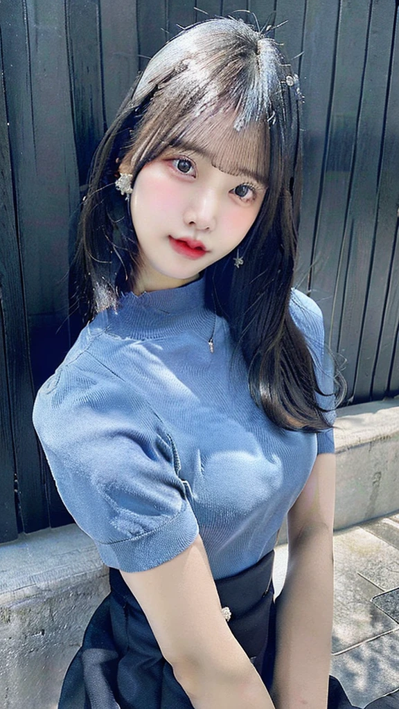 Blackpink's Kim Jennie with black hair, pale skin, japanese, con cara de doll, large eyes, fat and round lips, ojos de doll (doll), with black eyes, big chest.
blue shirt, thin straps, prominent neckline and big chest.
Black hair Sitting with view from above Provocative pose Japanese Little clothes, only shirt and skirt