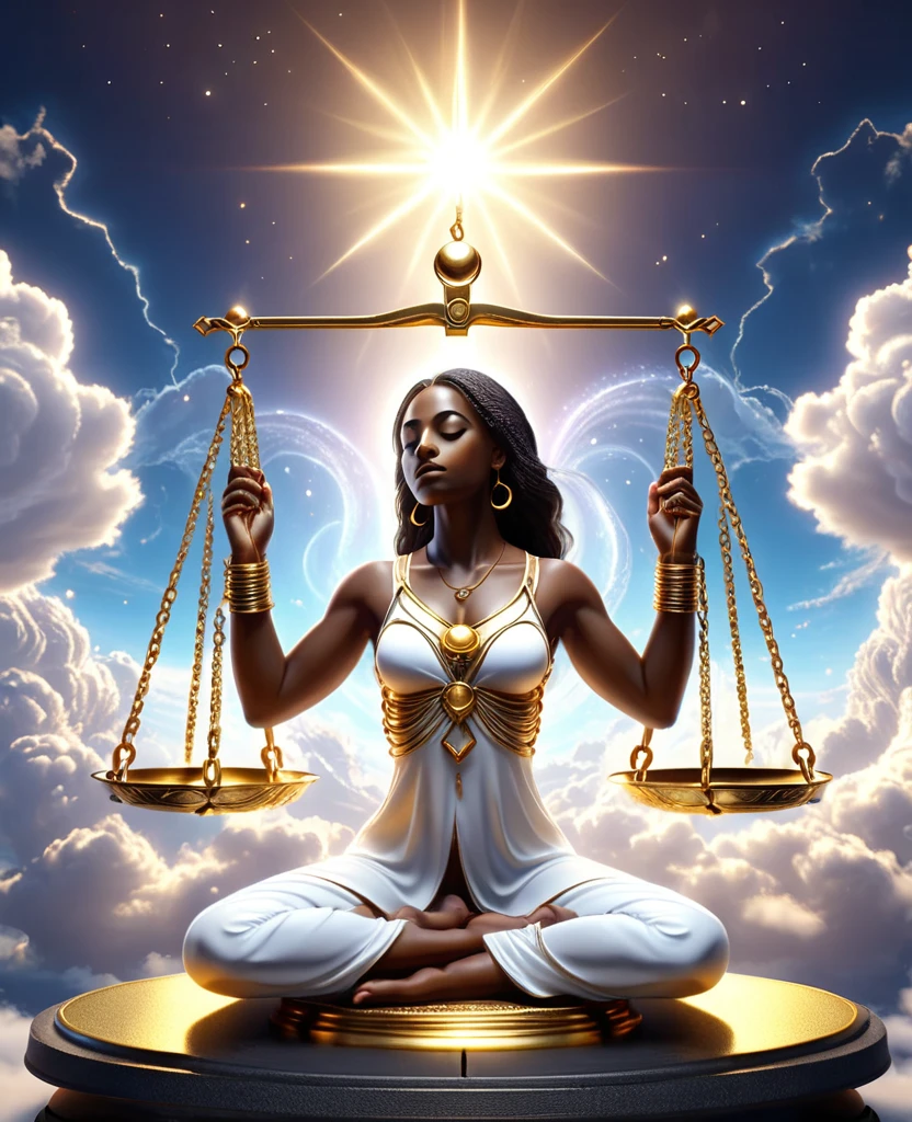 A glowing golden libra scale suspended in the sky among the clouds, with a black woman sitting in a meditation pose on the left scale of the libra scale and a mechanical heart sitting on the right scale of the libra scale, the weights imbalanced, a beautiful sunlight shining in the background providing a cinematic look, 32k, ultra HD.