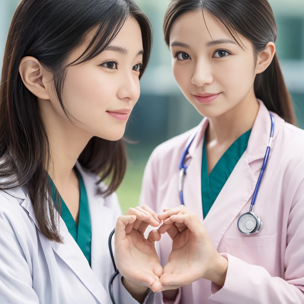 ((2 girls side by side Heart Hands)), Beautiful Japanese female doctor wearing (white labcoat) and teal scrubs with cute Japanese female nurse wearing pink nurse uniform , beautiful detailed face, Japanese woman, pale skin, realistic skin, detailed cloth texture, detailed hair texture, Perfect proportion, Beautiful Face, accurate, Anatomically correct, Highly detailed face and skin texture , looking at viewer