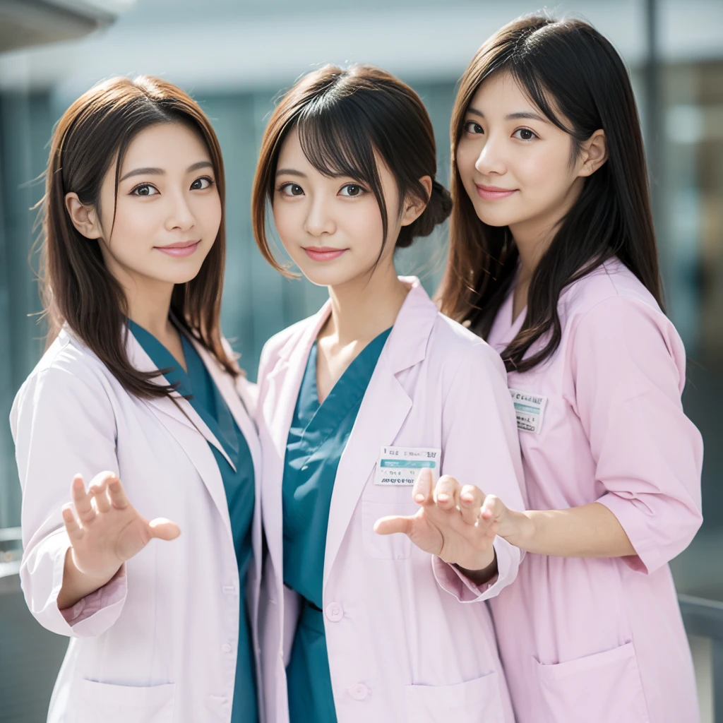 ((2 girls side by side Heart Hands)), Beautiful Japanese female doctor wearing (white labcoat) and teal scrubs with cute Japanese female nurse wearing pink nurse uniform , beautiful detailed face, Japanese woman, pale skin, realistic skin, detailed cloth texture, detailed hair texture, Perfect proportion, Beautiful Face, accurate, Anatomically correct, Highly detailed face and skin texture , looking at viewer