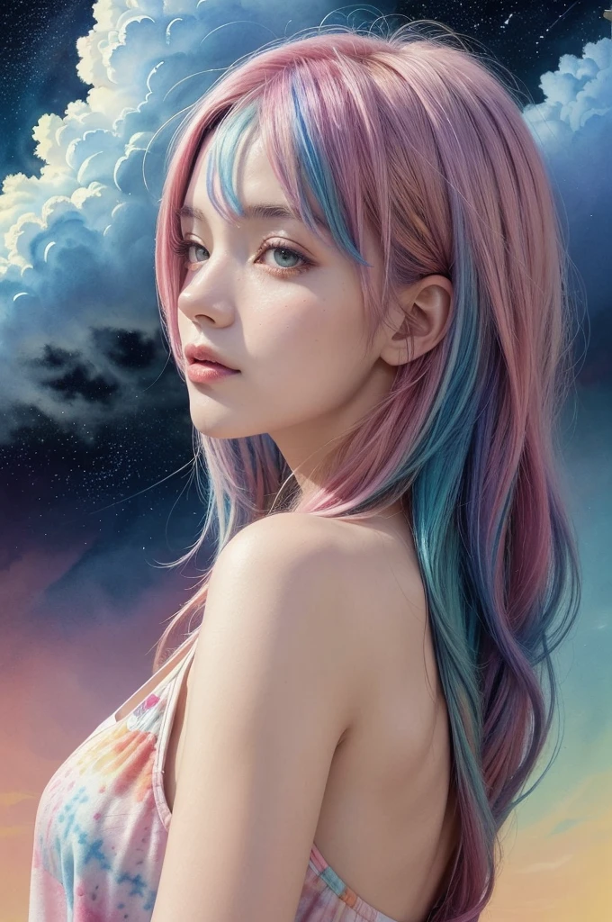 (masterpiece, top quality, best quality,watercolor (medium),official art, beautiful and aesthetic:1.2),(1girl:1.3), (fractal art:1.3),upper body, from side, looking at viewer,patterns,(rainbow color Hair,colorful hair,half blue and half pink hair:1.2),water,liquid, cloud,colorful, starry,stars,