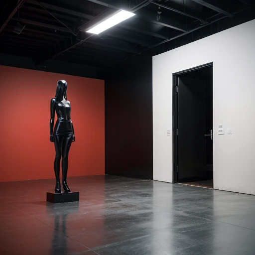 Minimalist sculpture of a woman seen from 2 perspectives at the same time, The sculpture is made of iron sheets painted black and red, In a modern art museum 