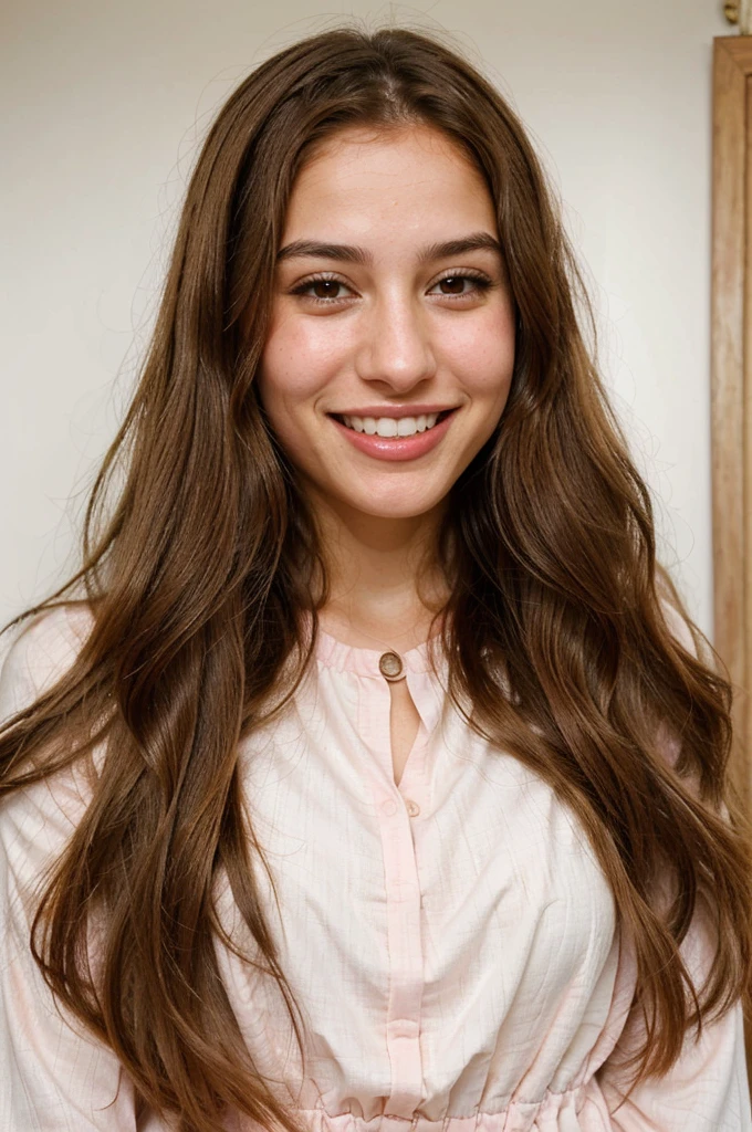 a photo-realistic portrait of a beautiful Palestinian woman with long brown hair, pink dress, white teeth, and a cute smile, with highly detailed and realistic facial features, modest expression, and realistic white skin tone