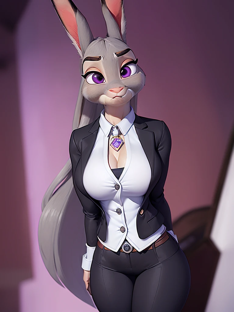best quality,
masterpiece,
super detail,
anatomically correct,
bloom,
3D CG,
Pixar,
Portrait,
fun atmosphere,
(solo:1.5),
(1Lady:1.5),
furry,
fine coat,
7 head and body,
(Face is JudyHopps:1.4),
(long ears like a rabbit:0.8),
purple eyes,
(raised eyebrows:1.2),
(straight hair:1.3),
(see-through bangs:1.3),
wispy bangs,
proportion is NamiFinal,
office lady,
office suit,
((White blouse)),
((Black blazer jacket)),
((Black pants suit)),
(clothes made of cotton:1.4),
(body is made of wool fabric:1.3),
(body is gray with fluffy and fluffy:1.3),
(skin is wool fabric with fluffy and fluffy:1.3),