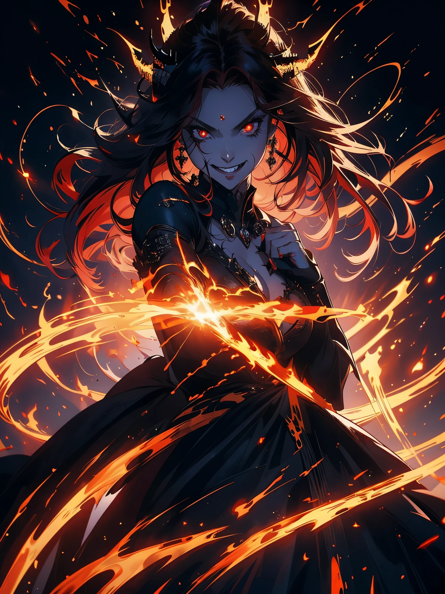 fully body, Princess of darkness with eyes of blood, Red hair, tails, evil smile, (((fully body, putting hand to mouth, devilish smile and frizzy eyes))), anime styling, Lens flare, high détail, First person view, cinematic lighting, work of art, super detaill, best qualityer, 8K, ultra HD