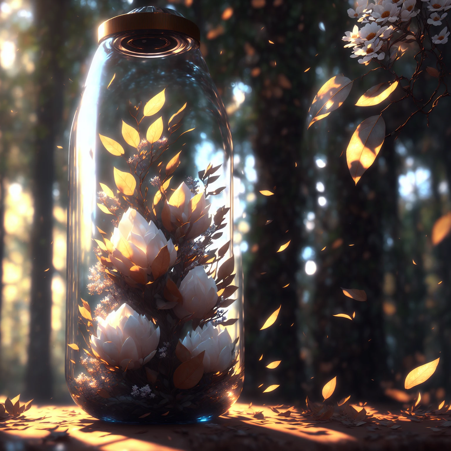 dreamlike art world in a bottle, fluffy, realistic, photo, canon, dreamlike, art, colorful leaves and branches with flowers on top of its head. hyperdetailed photorealism by greg rutkowski - h 1024 w 804 | f 1 6 lens mark 2:2 s 3555 mm film grain :1 lifelike high res sharp focus contrast!! intricate detailed atmospheric light refraction lighting unreal engine 5 cinematic concept photography masterpiece octane render trending at cgsociety rendered as