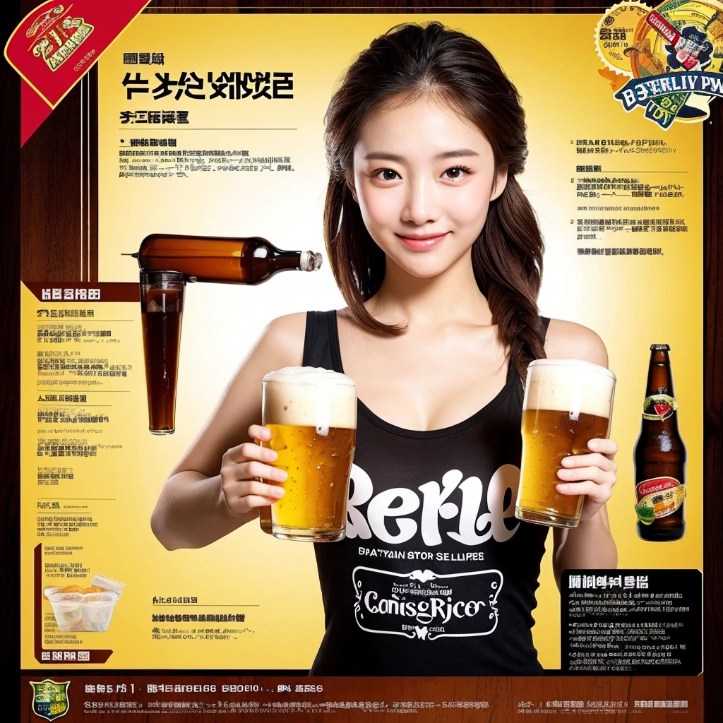 ((best quality)), ((masterpiece)), (detailed), 1girl, beer promotion flyer, holding 2glasses of beer