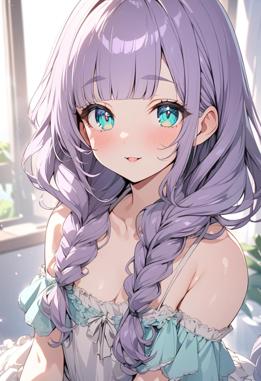 (cute a girl;1.5),Anime-style,8k,ultra detailes,masterpiece,
(a gril with semi long braids wavy hair, pale purple blunt bangs hair, aqua eyes:1.3)