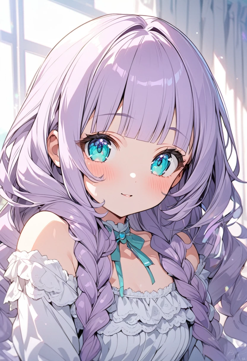 (cute a girl;1.5),Anime-style,8k,ultra detailes,masterpiece,
(a gril with semi long braids wavy hair, pale purple blunt bangs hair, aqua eyes:1.3)