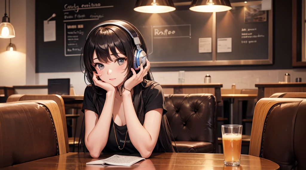 Girl with headphones enjoying music in a cafe I am studying Emphasize a little bit of the chest