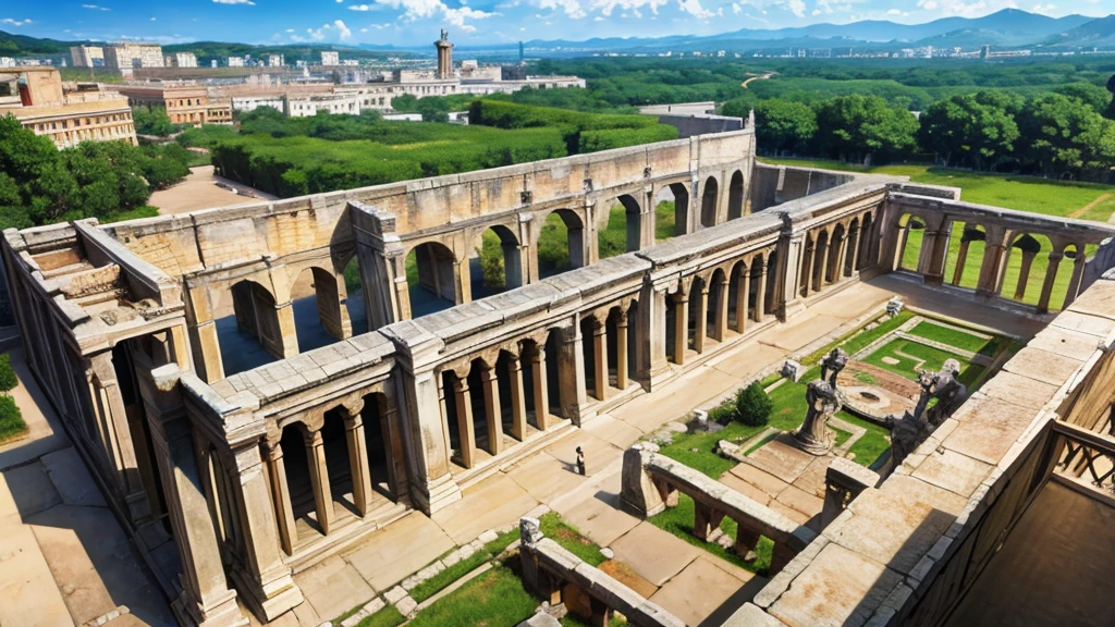 Ancient Roman city, anime cenario, with roman statues 