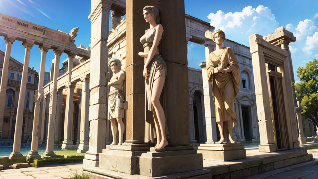 a group of completely naked Greek warriors, tanding guard at a door, smile , Greek warrior, girls,  small breasts, , tail cover , marked abdomen, ,brown skin, ancient Greece, classical Greece, defined abdomen , warrior woman, black hair,
