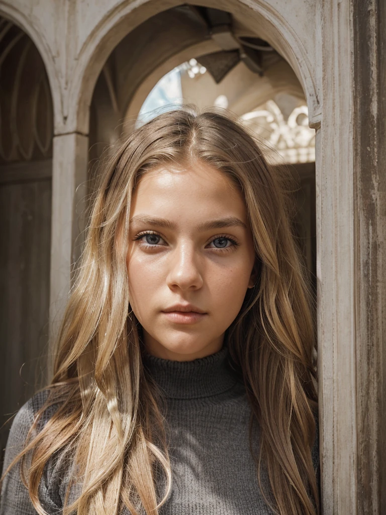 The girl has a handsome face, symmetrical face, symmetrical eyes. Long blonde hair, wavy hair, grey eyes. Looking at the viewer
