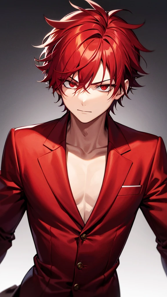 Demon boy with ruffled red hair in a red suit with a psychopath face 