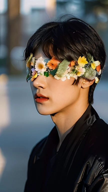 (Highly realistic photos, concentrate、High resolution, Detailed face, Detailed Hair,fine grain),((flower blindfold)), Japanese men, 20-year-old, One boy,Only one person is in the photo、(Natural look), Upper body portrait,masterpiece,Kim Tae-hyung,Kim Taehyung\(BTS\),Stage makeup,Fair skin,Broad shoulders:1.5,(Black Hair, :1.2),((Wearing a black jacket)), shy,35mm photo capturing a 1boy in an unusual location, graced by selective shadows during dawn golden hour. Shot on expired slide film --ar 3:4 --style raw --stylize 250,