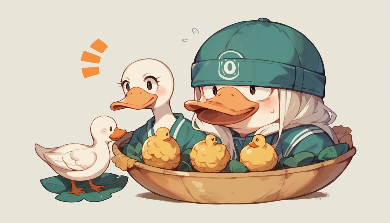 SD Main, Flat Illustration, masterpiece, Highest quality,,No humans, 1 giant golden duck、Large amount of coinuscular duck、Looking at the camera、Rin々Shii、looks strong