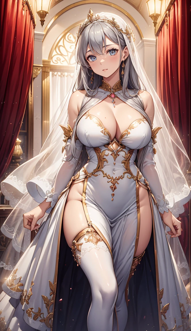 (best quality,4K,8K,High resolution,Masterpiece:1.2),very detailed,beautiful girl,Enchanted,charming,Cheerfulness,sacred,Magical effect,silver white hair,light pink wedding dress,love eyes,bridal dress,Complicated dress,lace details,bedroom,solitude,during the night,Lace stockings,แถบsacred,See-through transparent clothes,big breasts