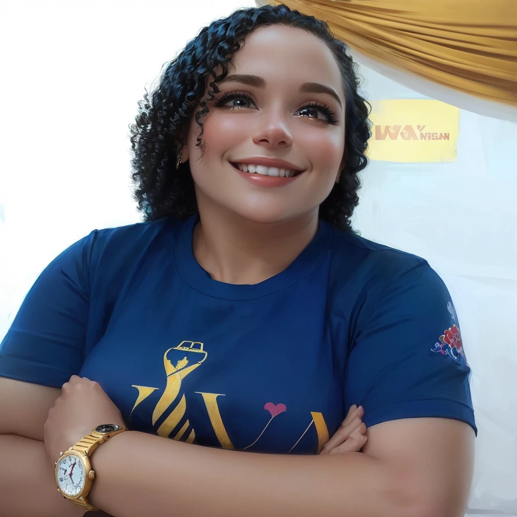 woman in a blue blouse smiling Disney pixar style curly hair with her arms crossed with a watch Disney pixar animated style