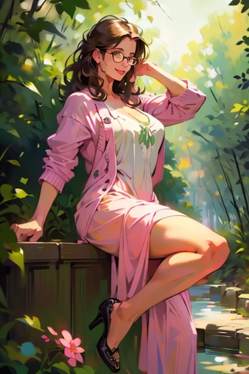 (realistic illustration). cute 22 yo brunette Caucasian woman with green eyes. Sexy chubby figure, natural breasts, beautiful ass. Smile. Eyeglasses, cardigan, pink sundress, high heels, Masterpiece, (highly detailed:1.2),(detailed face and eyes:1.2), 8k wallpaper, Moody lighting. core shadows, high contrast, bokeh.