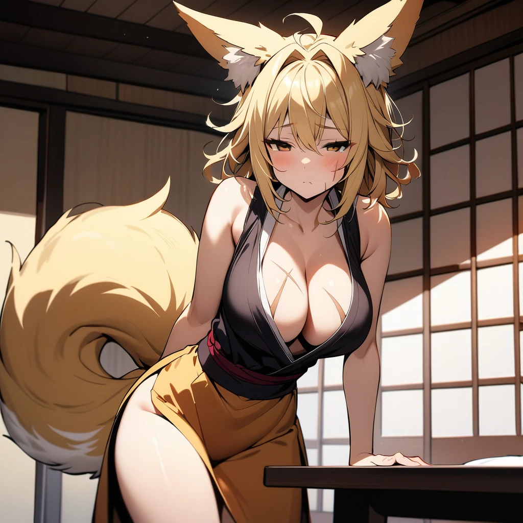 (masterpiece),(best quality),very aesthetic,(ultra-detailed),solo,1girl,30 years old,curvy,large breasts,tall,stout build,bewitching,(a blonde fox tail),blonde fox ears,short hair,blonde hair,beautiful face,(brown foxy eyes),(messy hair),(disheveled hair),hair intakes,(foxy costume),(loose chest:0.5),sentimental emotion,sleepy,half-closed eyes,(japanese room),futon,on futon,standing,leaning forward,Hand on table,(scar on cheek,scar on breasts:1.2),cowboy shot