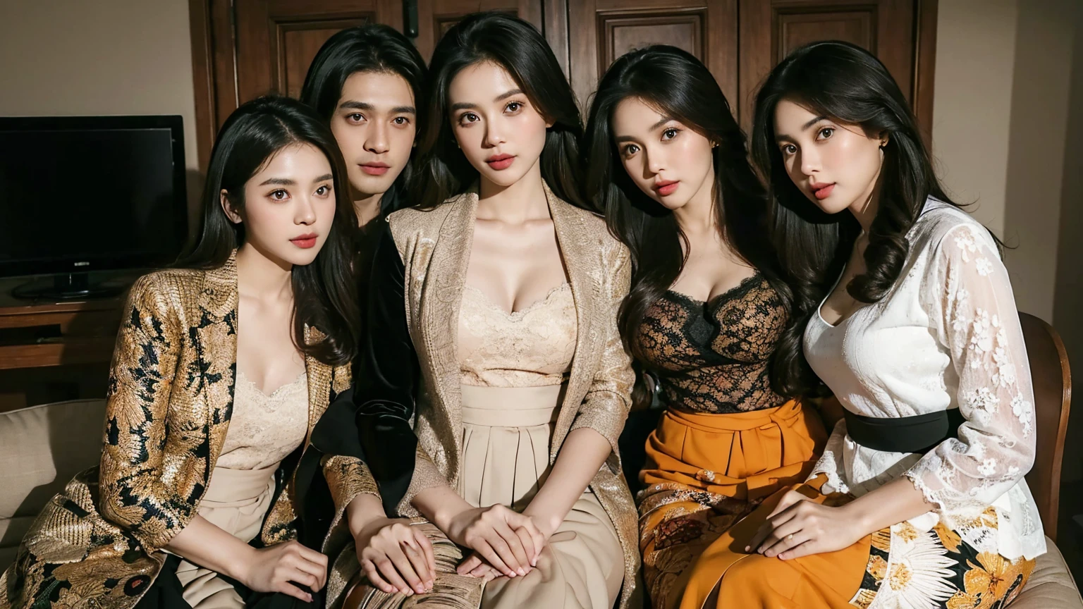 1 Family, Potrait of 3 wife Indonesian-korean girl,1 men (husband), Harem,long fashion hair, fit body, small cleavage, skintight black lace kebaya, batik skirt, masterpiece, highly detailed, ultra hd, 8k, detailed face, bright eyes, perfect eyes, detailed skin texture, detailed lips, sexy lips, perfect hands, dynamic angle, cowboy shot, rich family