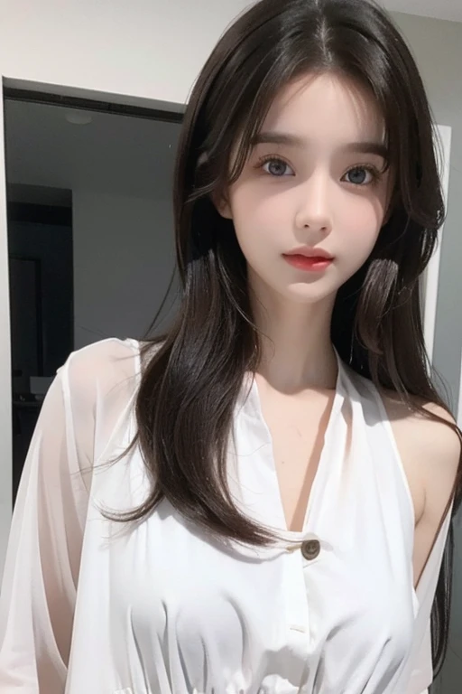 A girl with prefect body brown hair and he white skin pretty eyes white outdrees long lage