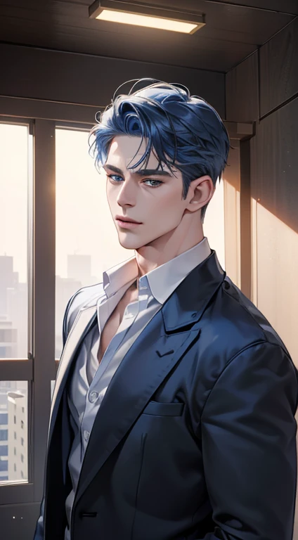 (best quality, masterpiece, 8K, photorealistic, cinematic lighting, 1:4 hdr image, ultra detailed, beautiful image), a mature man, 34 years very handsome, ((cold expression)), short blue hair, blue eyes, face perfect without mistakes, ((buttoning his jacket, CEO))