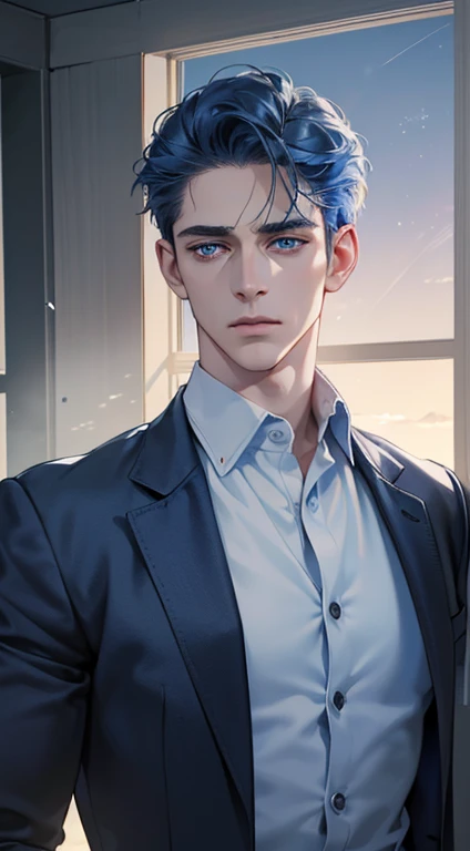 (best quality, masterpiece, 8K, photorealistic, cinematic lighting, 1:4 hdr image, ultra detailed, beautiful image), a mature man, 34 years very handsome, ((cold expression)), short blue hair, blue eyes, face perfect without mistakes, ((buttoning his jacket, CEO))