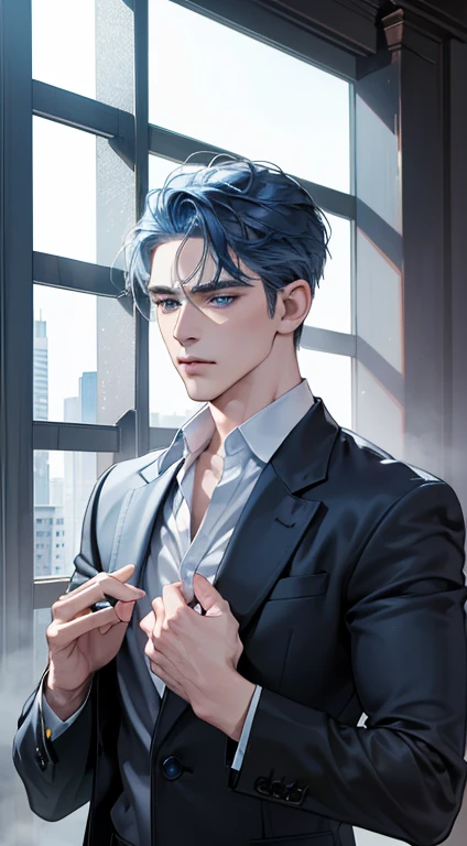 (best quality, masterpiece, 8K, photorealistic, cinematic lighting, 1:4 hdr image, ultra detailed, beautiful image), a mature man, 34 years very handsome, ((cold expression)), short blue hair, blue eyes, face perfect without mistakes, ((buttoning his jacket, CEO))