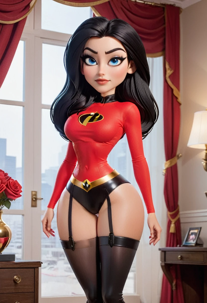 (tight red outfit with the incredibles logo), (tall thigh high black shiny boots), long straight black hair, blue eyes, cleavage, down blouse, sexy violet parr, masterpiece, high res, 32k (perfect anatomy:1.5), perfect long legs, perfect arms, sexy pose, cute face, innocent face rose cheeks, lingerie, topleslack stockings), ((large round black rimmed glasselack garter belt,