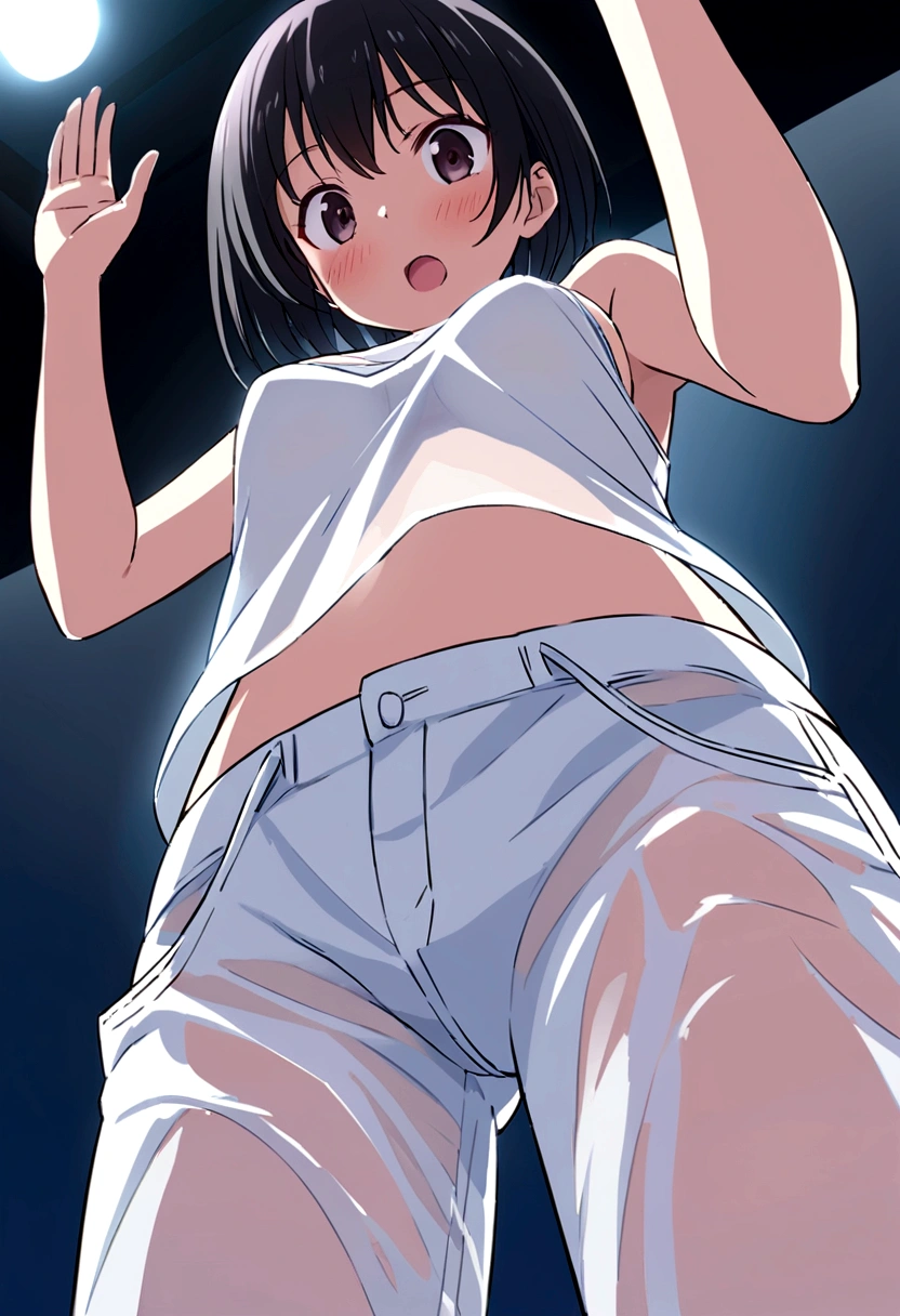 10Year、Teenage Girls、Short black hair、Wearing white underwear、White tank top、stage、Shooting from below、Asahi、In the middle of taking off your pants、Translucent slip