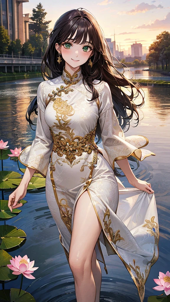 ((Highest quality)), ((High resolution)), ((masterpiece)), (detailed),
View your audience, Written boundary depth, Anatomically correct, One mature woman, Perfect Face, Cute and symmetrical face, Shiny skin,
(Long Hair:1.2, Straight Hair), Green Eyes, Long eyelashes, (Big Breasts:0.8),
Beautiful Hair, Beautiful Face, Beautiful details, Beautiful clavicle, Beautiful body, Beautiful breasts, Beautiful thighs, Beautiful feet,
(Ao Dai, National costume, Delicate embroidery), (Cute Smile), Beautiful views, Walking along the river, Lotus flower,