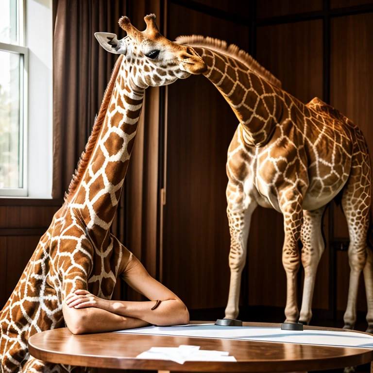 Woman with very long neck sitting at a table, next to her stands a giraffe, long neck, Anna Nikonova alias Newmilky, real realistic picture, Portrait shot, attractive girl, photo taken with nikon d750, realistic art.