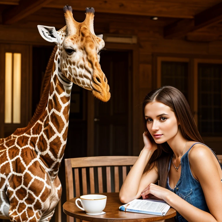 Woman with very long neck sitting at a table, next to her stands a giraffe, long neck, Anna Nikonova alias Newmilky, real realistic picture, Portrait shot, attractive girl, photo taken with nikon d750, realistic art.