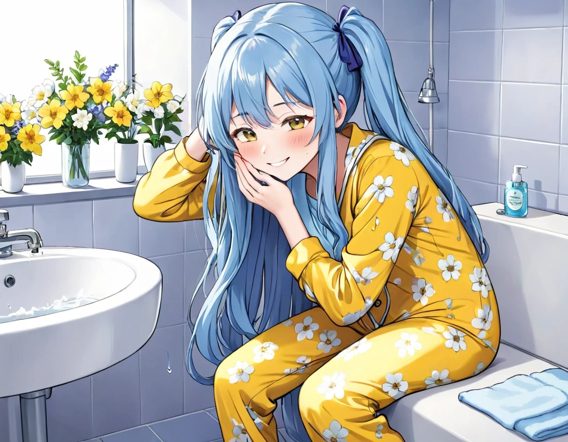 Light blue long hair、Twin-tailed Girl、Yellow pajamas with floral print、smile、Washing her face in the bathroom、A lot of margaret flowers are displayed、Splash