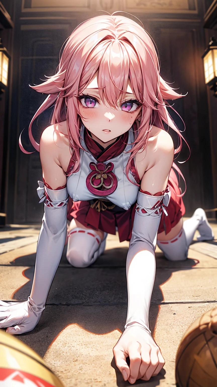 One Girl, (Urzan-6500:0.7), K-POPアイドル, yae miko, , Exposed bare shoulders, Pink Hair, Long white hair, Japanese Clothing, The best quality in the best condition, (da pintura:1.5), (hair ornaments:1.35), gem, Purple eyes, 耳Nipple Ring, , Written boundary depth, Detailed face, Face Focus, ribbon_trim, (View your audience:1.25), Non-traditional Shrine Maiden, Shiny skin, Long sleeve, Thick lips, Game CG, (Blur the background:1.2), , , whole body、Put your head on the urinal,Yogurt all over、whole bodyが濡れている、One Girll, , Obscene, Pee, Urine,garbage,masterpiece, Highest quality, Very detailed,Knee-high socks、Long white elbow gloves、Long socks、Open your thighs wide to the left and right、crouch on the ground、Show the audience your crotch、Camel Toe:1.4、(Sweat)、(vapor)With legs apart、sexy、Bold、Sexy、Inviting、dynamic、With legs apart、On all fours