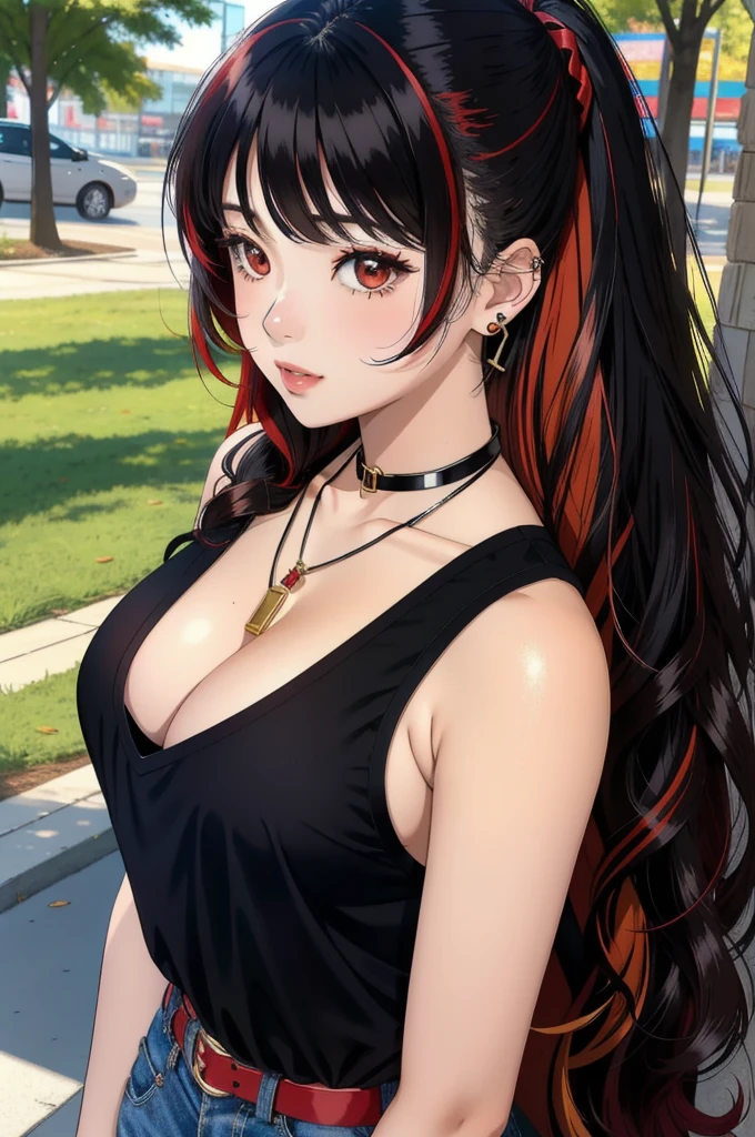 anime panel,upper body, 1girl,solo Korean, long black curly hair with red highlights, red slanted eyes, casual clothes, ear piercing, necklace, hair illuminated by sunlight, park background